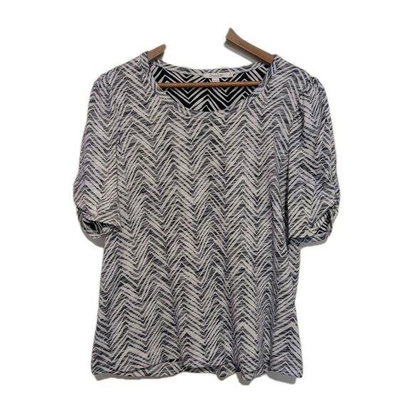 Chico’s Puff Sleeve Blouse 2 L Black White Chevron Stretch Knit Top Cotton Modal - Picture 1 of 5